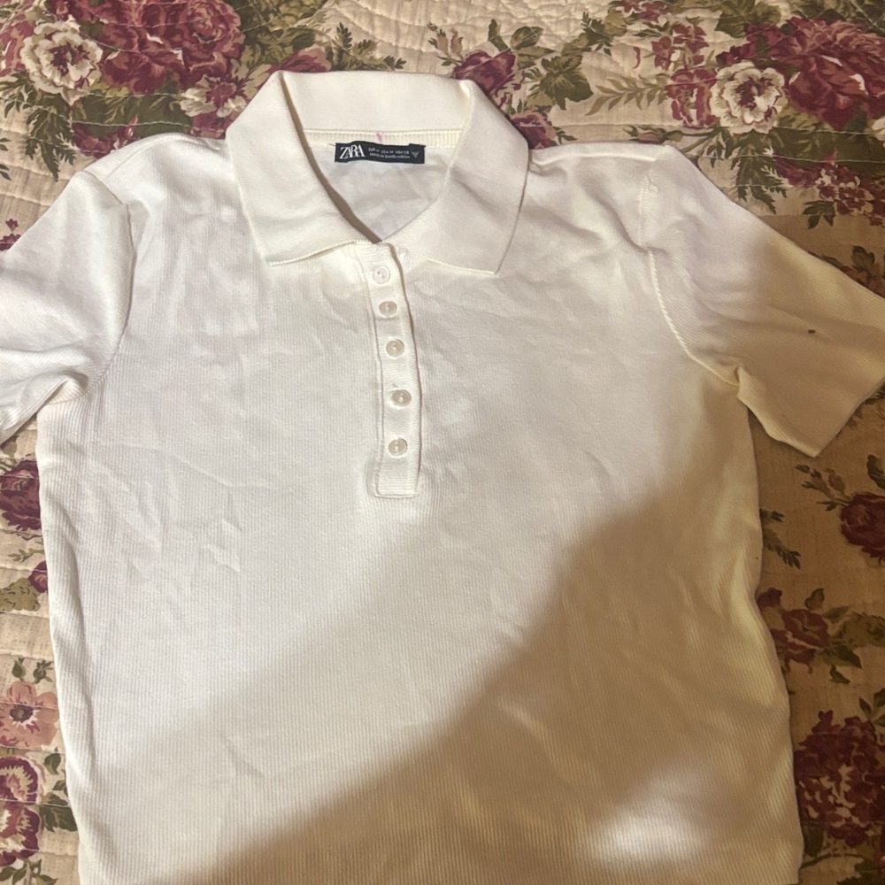 Zara White Short-Sleeve Polo Knit Top